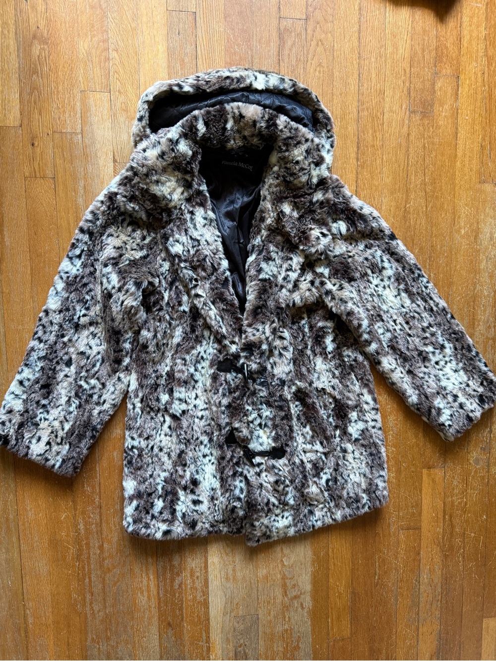 Pamela McCoy Leopard Faux Fur Hooded Coat